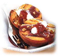 Grilled Peach Halves Stuffed with Cheese and Chipotle Raspberry Puree