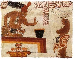 Mayan nobleman testing the heat of his chocolate