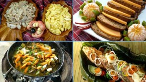 Jamaican foods: (clockwise from top left) Salt fish and ackee, Easter Bun and cheddar cheese, Fried fish with vegetables, Curried goat cooked on a wheel rim barbecue.