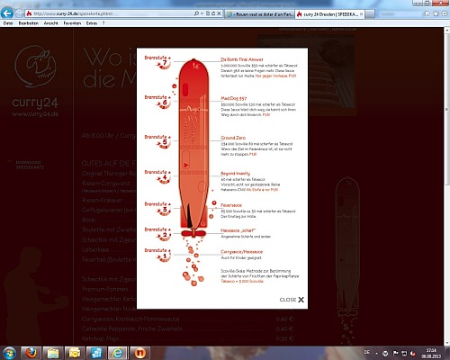 Menu from Curry24 in Dresden, showing a currywurst "rocket" with "rocket fuels" of different heat levels, from Sharp to Da Bomb