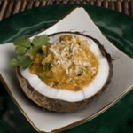 Spiced-Up Chicken in Coconut Shells with Mango Cream
