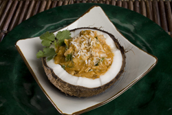 Spiced-Up Chicken in Coconut Shells with Mango Cream
